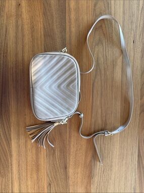 Quilted Chevron Crossbody Bag with Tassel - Light Taupe